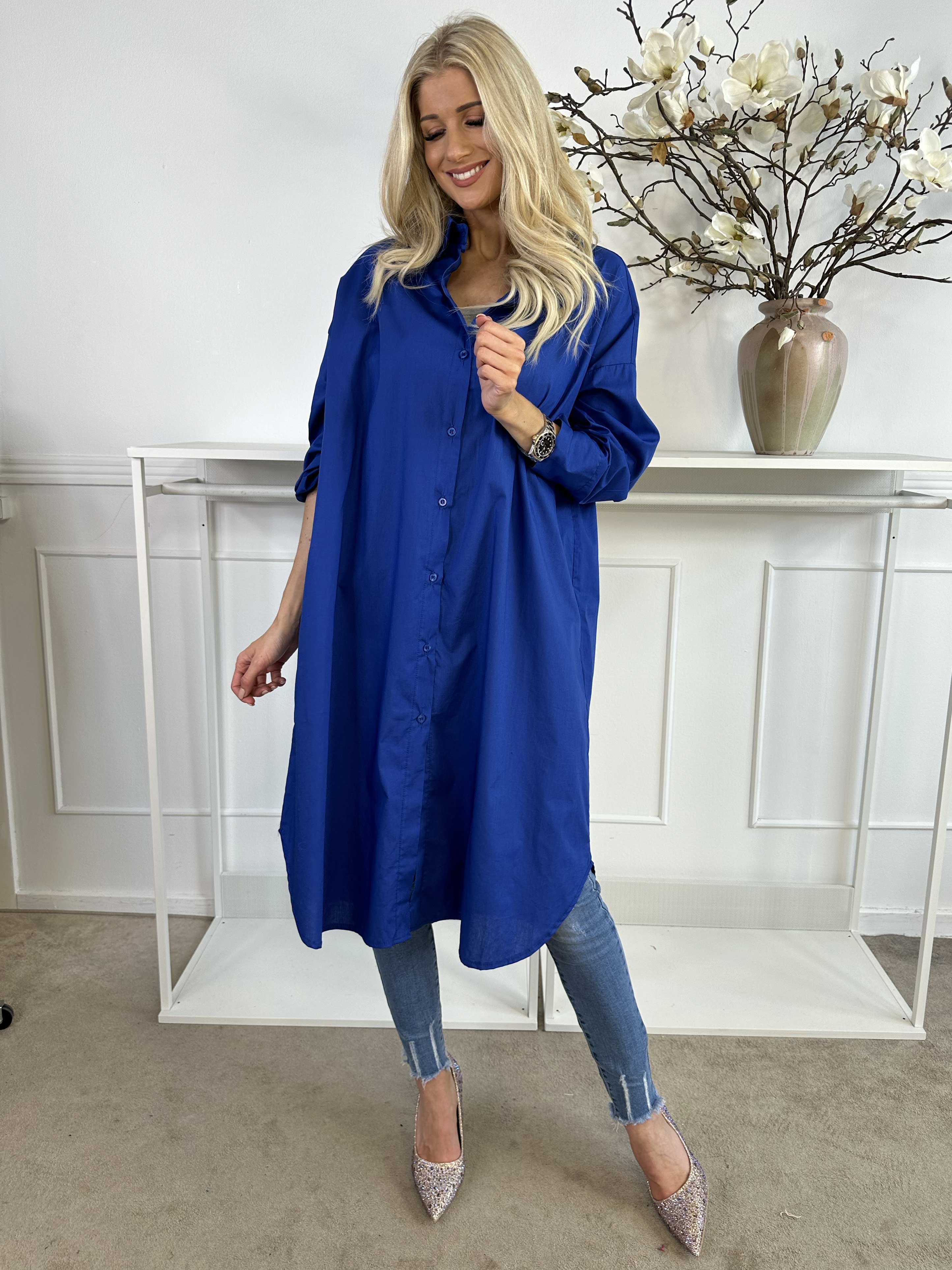 Ceylan - Lång enfärgad skjortklänning i bomull